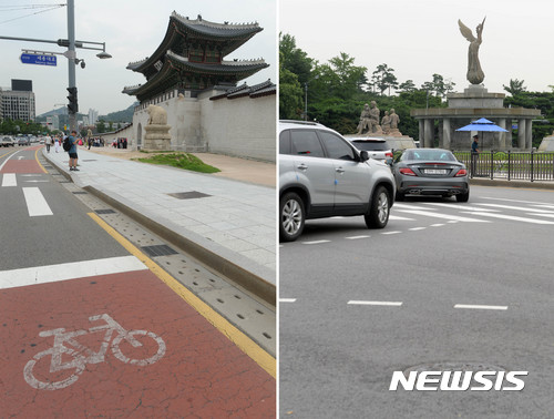 【서울=뉴시스】최동준 기자 = 청와대는 경복궁 앞 기존 자전거 도로와 연결해 경복궁 외곽 자전거 순환로를 조성하고 청와대 춘추관 건너편과 분수대 광장 등 앞길을 포함한 자전거 전용 순환도를 조성한다고 27일 밝혔다. 사진 왼쪽은 기존 경복궁 앞 자전거 도로, 오른쪽은 청와대 분수대 광장 앞 도로. 2017.07.27. photocdj@newsis.com