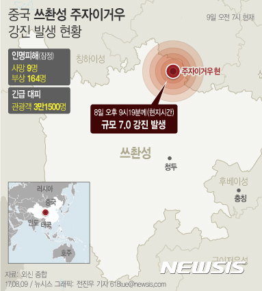 【서울=뉴시스】전진우 기자 = 중국 내륙 쓰촨성 주자이거우현에서 발생한 규모 7.0 강진으로 인해 인명피해가 사망 9명, 부상 164명을 늘어났다고 신화통신 등 관영 매체가 9일 보도했다. 618tue@newsis.com