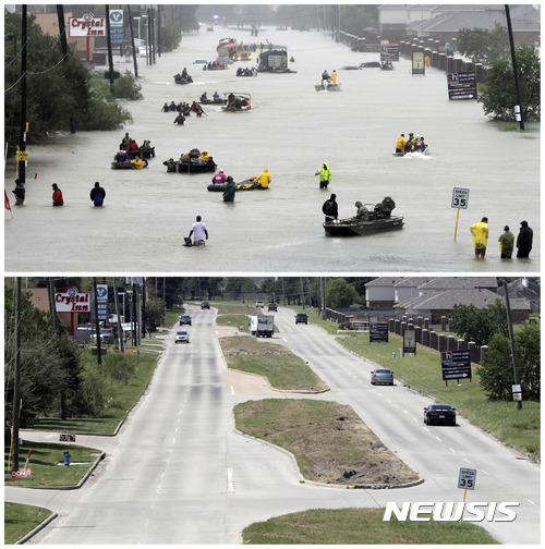 【휴스턴(미 텍사스주)=AP/뉴시스】지난달 28일 허리케인 하비가 불러온 대홍수로 물에 잠긴 미 텍사스주 휴스턴에서 구조 보트들이 주민들을 대피시키느라 부산한 모습을 보이고 있다.(사진 위) 아래 사진은 지난 5일 물이 빠져 자동차가 다니는 같은 장소의 사진이다. 미 하원은 6일 트럼프 미 행정부가 요청한 하비 피해 복구 지원금 79억 달러(8조9586억원)를 압도적 표차이로 승인했다. 2017.9.7