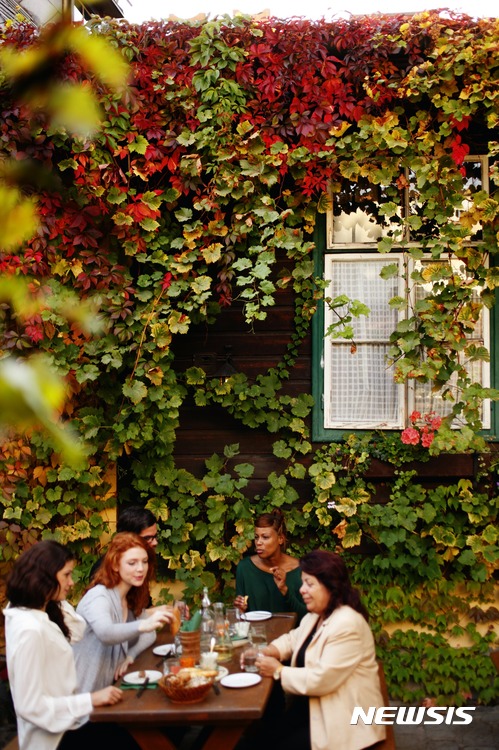 【서울=뉴시스】오스트리아 빈에서 한 영 비어니즈가 외국인 관광객들에게 와인을 소개하고 있다. (사진=비엔나 관광청 제공)