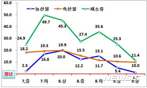 채소류 등 농산물가격 8월말 이후 '안정세'