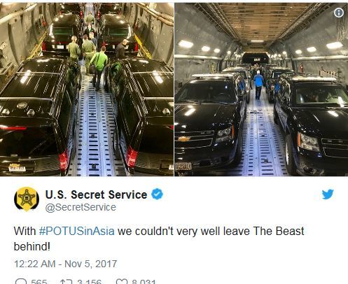 미국 비밀경호국이 지난 11월5일 트위터에 도널드 트럼프 대통령 전용 차량인 일명 '야수(The Beast)'가 여러 대 실린 수송기 내부 모습을 공개했다. (사진출처: 미 비밀경호국)