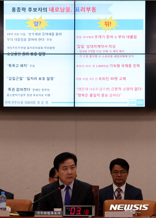 【서울=뉴시스】이영환 기자 = 홍종학 중소벤처기업부 장관 후보자가 10일 오후 서울 여의도 국회 산업통상자원중소벤처기업위원회 회의실에서 열린 인사청문회에 참석해 정운천 의원의 '말과 행동이 다르다'는 의혹에 대해 답변하고 있다. 2017.11.10. 20hwan@newsis.com