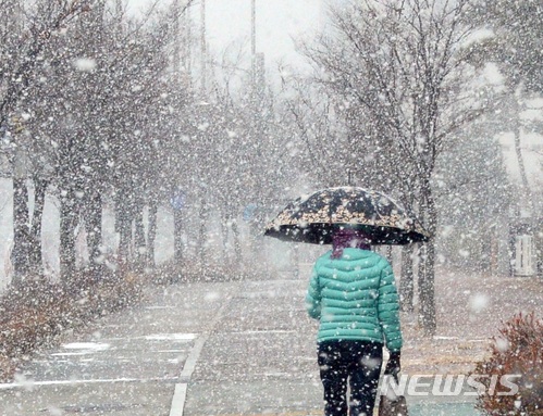 【전주=뉴시스】강인 기자 = 11일 전북 전주시에 함박눈이 내리는 가운데 한 시민이 우산을 쓰고 걷고 있다. 2017.12.11kir1231@newsis.com 