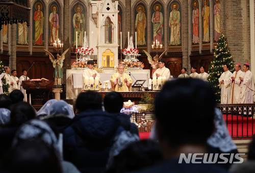 【서울=뉴시스】김진아 기자 = 성탄절인 25일 오전 서울 중구 명동대성당에서 열린 성탄미사에서 염수정 추기경이 미사를 집전하고 있다. 2017.12.25. bluesoda@newsis.com