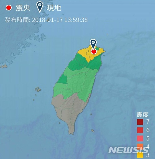 【서울=뉴시스】 대만 기상청이 17일 제공한 지진 발생 지역 지도. 기상청은 이날 오후 1시59분께 타이베이 시청에서 북서쪽으로 12.3㎞ 떨어진 지점에서 규모 5.7의 지진이 발생했다고 밝혔다. 2017.01.17