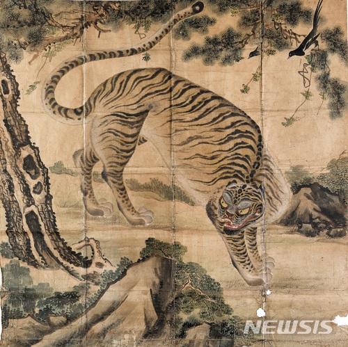【서울=뉴시스】 조선 호랑이 그림 중 가장 큰 그림인 용호도, 조선. 국립중앙박물관