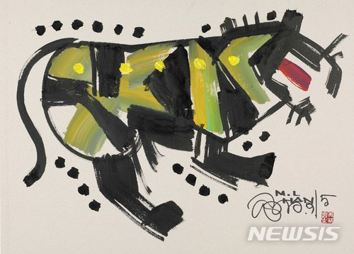 【서울=뉴시스】 호랑이(虎圖), 한메이린(韓美林, 1936~), 2010년, 종이에 먹과 색, 51.5×72.0cm, 중국국가박물관 
