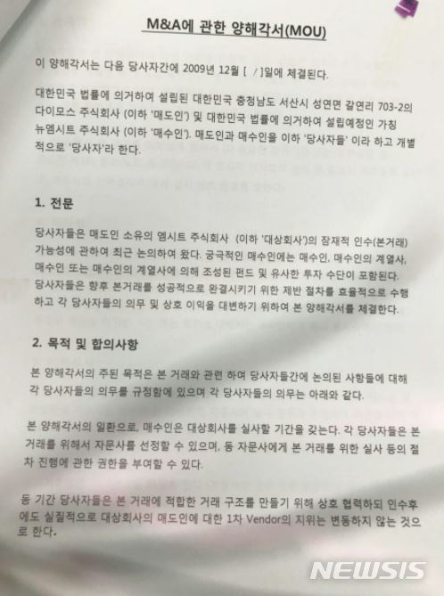 【서울=뉴시스】현대다이모스 측이 작성한 양해각서 중 일부 (사진 = 참여연대 경제금융센터)