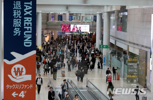 【인천공항=뉴시스】이영환 기자 = 인천국제공항 제1여객터미널(T1)에 입점돼 있는 중소면세점 사업자들이 임대료 조정을 요구하고 있는 20일 오후 인천 중구 인천국제공항 제1여객터미널(T1) 면세점의 모습이 보이고 있다.에스엠면세점·엔타스듀티프리·삼익면세점·시티면세점은 대기업과 똑같은 임대료 인하안을 적용받는 것은 중소기업의 생존 문제라며 항공사 재배치로 인한 여객동 인하율 37.5%와 항공사별 객단가를 근거로 재검토 해달라고 요구하고 있고 인천공항공사측은 사업자들이 제시한 여객동 인하율과 객단가율은 근거가 부족한 일방적인 수치라고 반박을 하고 있다. 2018.03.20. 20hwan@newsis.com