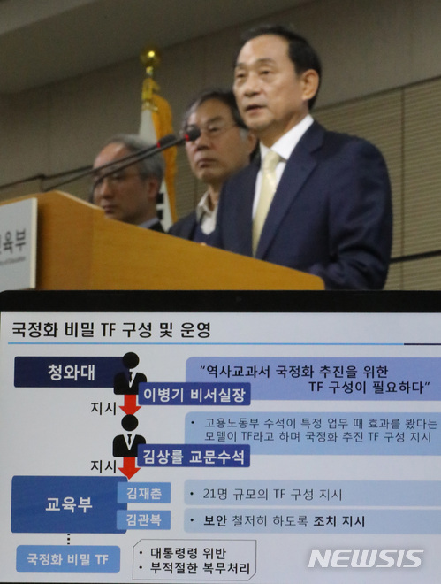 【세종=뉴시스】강종민 기자 = 고석규 역사교과서 국정화 진상조사위원장과 위원들이 28일 오전 정부세종청사에서 역사교과서 국정화 진상조사 결과를 발표하고 있다. 2018.03.28. ppkjm@newsis.com