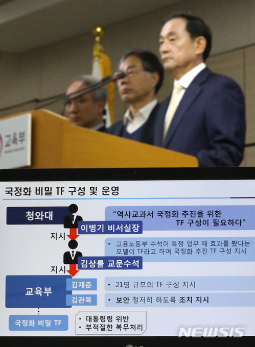 【세종=뉴시스】강종민 기자 = 고석규 역사교과서 국정화 진상조사위원장과 위원들이 28일 오전 정부세종청사에서 역사교과서 국정화 진상조사 결과를 발표하고 있다. 2018.03.28.  ppkjm@newsis.com