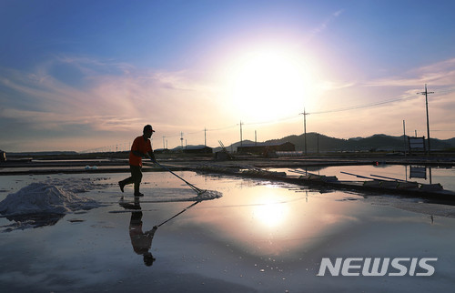 【신안=뉴시스】장세영 기자 = 3일 오후 전남 신안군 증도 태평염전에 한 노동자가 30도가 넘는 날씨에도 굵은 땀방울을 흘리며 천일염을 생산하고 있다. 2018.6.04. photothink@newsis.com