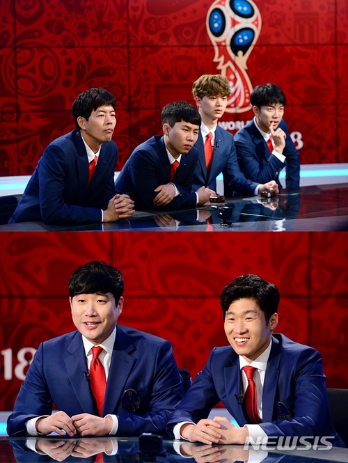 왼쪽부터 시계 방향으로 SBS TV '집사부일체' 멤버 이상윤·양세형·육성재·이승기·축구스타 박지성·배성재 아나운서