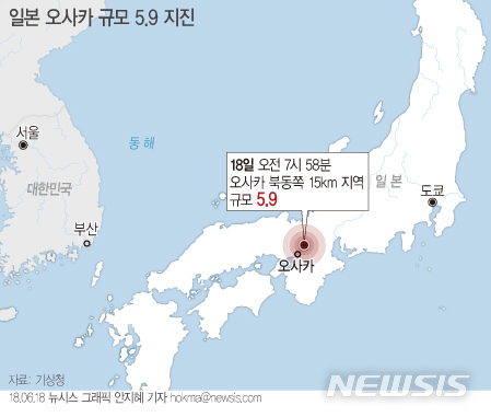 【서울=뉴시스】안지혜 기자 = 기상청에 따르면 18일 오전 7시 58분 일본 일본 오사카부(혼슈) 오사카 북동쪽 15㎞ 지역에서 규모 5.9 지진이 발생했다.  hokma@newsis.com