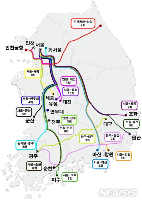 【서울=뉴시스】프리미엄 고속버스 추가·확대 운행횟수 노선도 (제공=국토교통부)