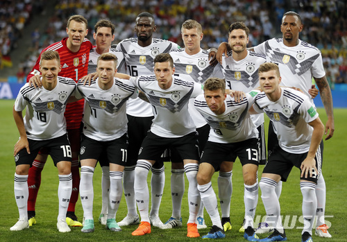 Germany players pose for photos prior to the start of the group F match between Germany and Sweden at the 2018 soccer World Cup in the Fisht Stadium in Sochi, Russia, Saturday, June 23, 2018. (AP Photo/Frank Augstein) 