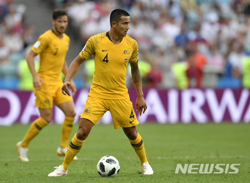Australia&#039;s Tim Cahill controls a ball during the group C match between Australia and Peru, at the 2018 soccer World Cup in the Fisht Stadium in Sochi, Russia, Tuesday, June 26, 2018. (AP Photo/Martin Meissner)