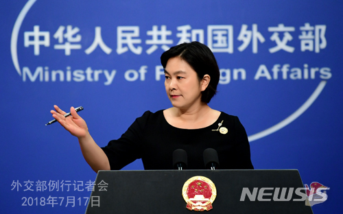 중국 외교부 화춘잉 대변인이 17일 정례 기자회견에서 기자들의 질의에 응답하고 있다(중국 외교부 홈페이지 캡처)