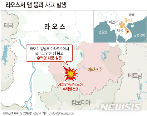 【서울=뉴시스】전진우 기자 = 23일 라오스에서 세피안-세남노이 수력발전댐이 붕괴되면서 다수가 숨지고 수백명이 실종됐다고 라오스 통신이 보도했다.  618tue@newsis.com 