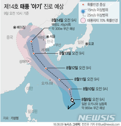 【서울=뉴시스】전진우 기자 = 9일 기상청에 따르면 태풍 '야기'가 오전10시 현재 일본 오키나와 남동쪽 860㎞ 부근 해상에서 시속 18㎞의 속도로 북상중이다. 야기는 '염소자리(별자리)'를 의미하며 일본에서 제출한 이름이다.  618tue@newsis.com 