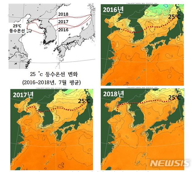 【서울=뉴시스】심동준 기자 = 9일 기상청이 공개한 미국 해양대기청(NOAA) 극궤도 위성을 통한 한반도 주변 해역 등수온선 분석 자료. 2018.08.09 (사진 = 기상청 제공)  s.won@newsis.com 