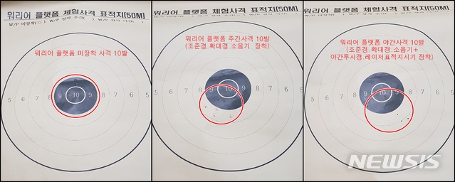 【계룡대=뉴시스】 지난 7일 계룡대 육군본부 실내사격장에서 육군의 차세대 개인전투장비체계인 '워리어 플랫폼' 체험사격을 했다. 워리어 플랫폼 개인 전투장비를 장착한 뒤 주야간 사격을 한 결과 조준과 격발까지 시간이 대폭 줄었음에도 명중률은 떨어지지 않았다. 