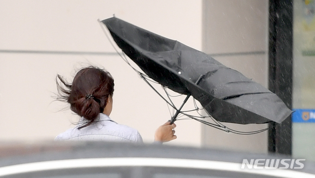 【광주=뉴시스】류형근 기자 = 태풍 '솔릭'의 직접 영향권에 든 23일 오후 광주 동구 광주지방법원 앞에서 한 시민이 강풍에 뒤집어진 우산을 든 채 퇴근을 서두르고 있다. 2018.08.23.  hgryu77@newsis.om