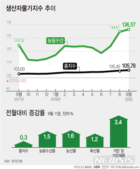 【서울=뉴시스】전진우 기자 = 한국은행이 23일 발표한 '2018년 9월 생산자물가지수'에 따르면 지난달 생산자물가지수는 105.78(2010=100기준)로 지난 2013년 8월 이후 최고치를 기록했다.618tue@newsis.com