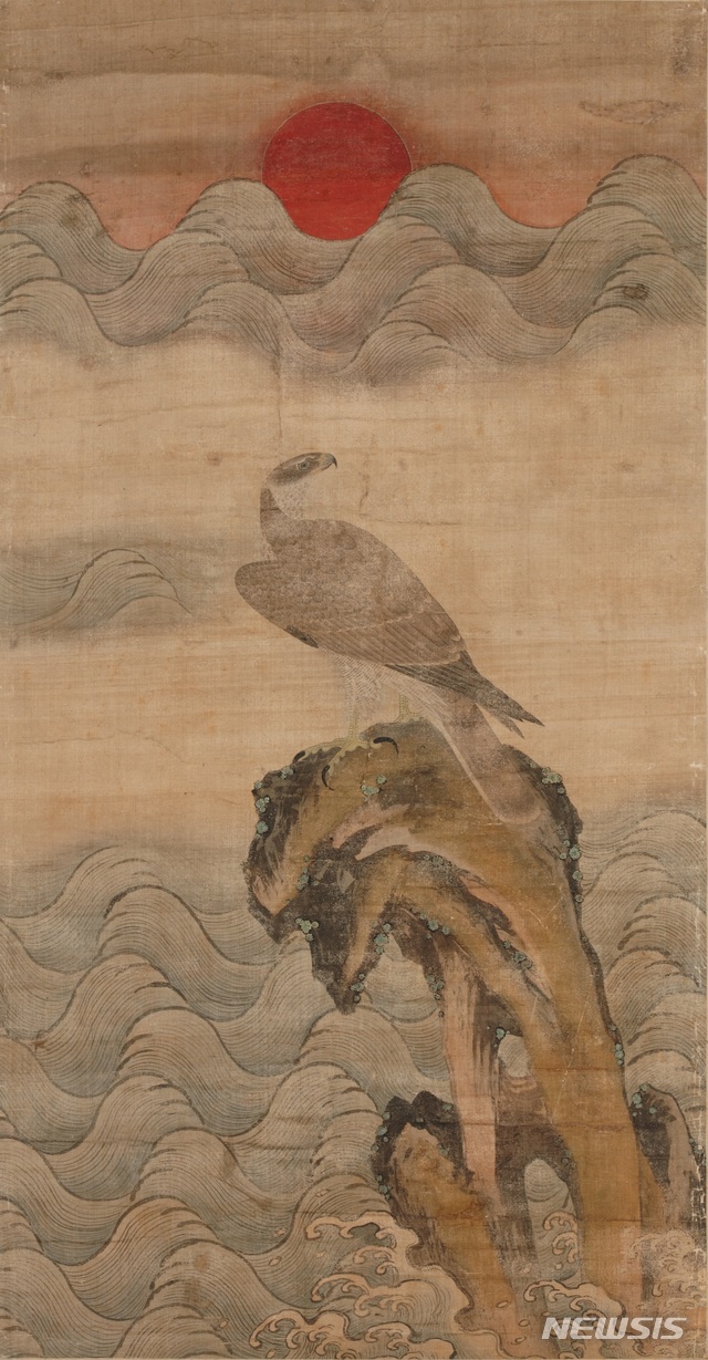 해 뜨는 바닷가의 매, 정홍래, 조선 18세기