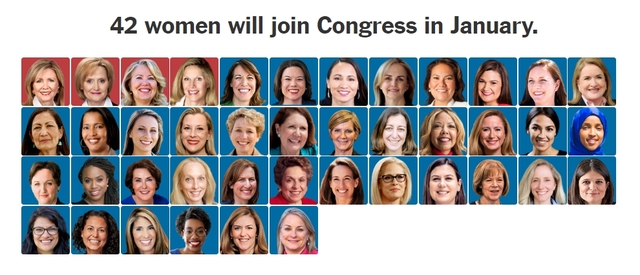 【서울=뉴시스】뉴욕타임스가 28일(현지시간) 정리한 42명의 신인 여성 연방의원 당선인들. 이들은 내년 1월부터 의회에서 임기를 시작한다. (사진=뉴욕타임스 캡쳐) 2018.11.29.