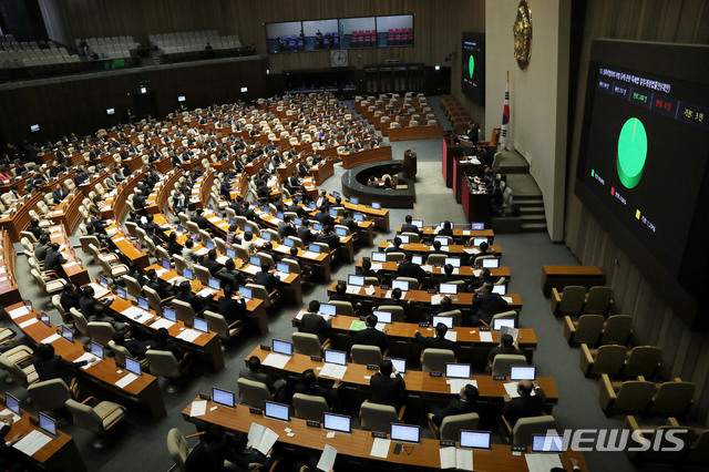 【서울=뉴시스】홍효식 기자 = 29일 오후 서울 여의도 국회에서 열린 본회의에서 대학 리벤지포르노 처벌강화법인 성폭력범죄의 처벌 등에 관한 특례법 일부개정법률안(대안)이 재석 251인 중 찬성 248인, 기권 3인으로 통과되고 있다. 2018.11.29.  yesphoto@newsis.com