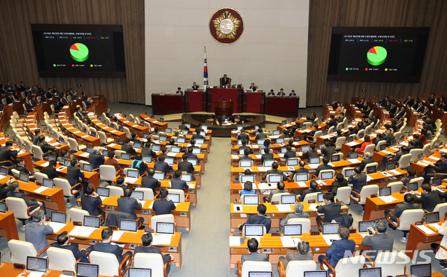 【서울=뉴시스】박영태 기자 = 8일 서울 영등포구 여의도 국회에서 열린 제364회 국회(정기회) 제16차 본회의에서 2019년도 예산안에 대한 수정안이 가결되고 있다. 2018.12.08.since1999@newsis.com