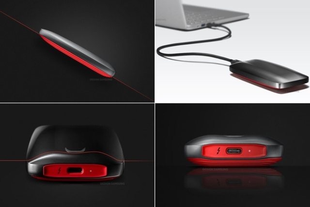【서울=뉴시스】슈퍼카의 날렵함을 담은 삼성전자 포터블 SSD 'X5'. 전면을 가로지르는 감각적인 곡선들은 슈퍼카의 ‘보닛’을 닮았다. 자동차 외관을 닮은 반짝이는 상단과 ‘빛의 속도’를 형상화한 붉은색 하단의 대비가 슈퍼카의 강렬한 인상을 완성한다. (사진=삼성전자)