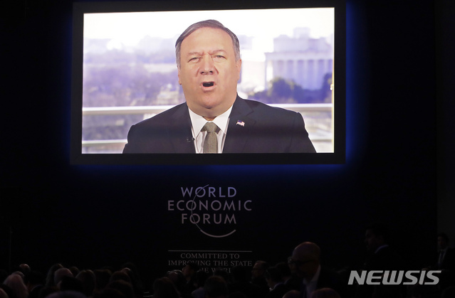 United States Secretary of State Mike Pompeo speaks through live video conference at the annual meeting of the World Economic Forum in Davos, Switzerland, Tuesday, Jan. 22, 2019. (AP Photo/Markus Schreiber)