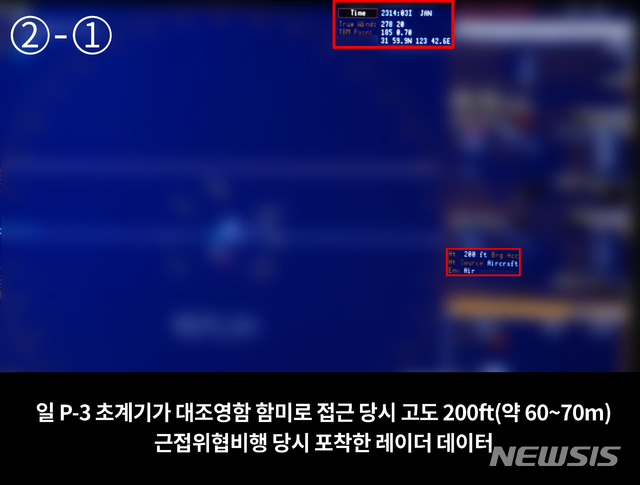 【서울=뉴시스】 국방부는 24일 오후 일본 P-3 초계기의 저고도 근접 위협 비행 모습과 당시 레이더에 탐지된 정보 등이 담긴 사진 5장을 공개했다. (국방부 제공)  