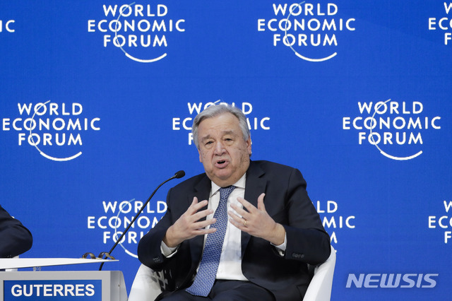 Antonio Guterres, Secretary-General of United Nations addresses the annual meeting of the World Economic Forum in Davos, Switzerland, Thursday, Jan. 24, 2019. (AP Photo/Markus Schreiber)