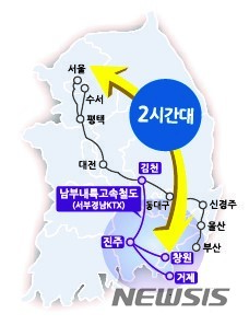 【창원=뉴시스】 홍정명 기자 = 29일 경남도민의 지난 53년 숙원사업인 '남부내륙고속철도(서부경남KTX) 건설 사업'의 예비타당성조사 면제가 최종 확정됐다. 사진은 남부내륙고속철도 노선도.2019.01.29.(사진=경남도 제공) photo@newsis.com