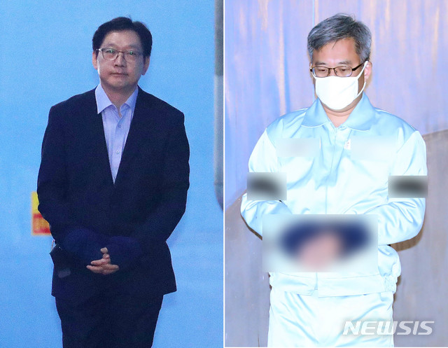 【서울=뉴시스】 배훈식 이윤청 기자 = 서울중앙지법 형사합의32부(성창호 부장판사)는 30일 김경수 경남지사가 드루킹 일당의 댓글순위 조작에 가담한 사실 등을 모두 유죄로 인정하고 그에게 댓글조작 혐의에 대해선 징역 2년의 실형을, 공직선거법 위반 혐의에 대해선 징역 10개월에 집행유예 2년을 선고했고, 드루킹 김동원씨에게는 댓글 조작, 뇌물공여 등의 혐의에는 징역 3년 6개월의 실형을, 정치자금법 위반 혐의에는 징역 6개월에 집행유예 1년을 선고했다. 사진은 이날 실형을 선고받고 호송차로 향하는 김 지사(왼쪽)와 오전에 선고공판에 출석하기 위해 법정으로 향하는 '드루킹' 김동원 씨. 2019.01.30.  photo@newsis.com 