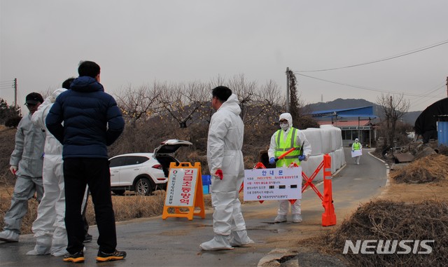 【충주=뉴시스】이병찬 기자 = 31일 구제역이 발생한 충북 충주시 주덕읍 당우리의 한 축산농가 앞에서 방역당국 관계자들이 대책을 숙의하고 있다.2019.01.31.  bclee@newsis.com 