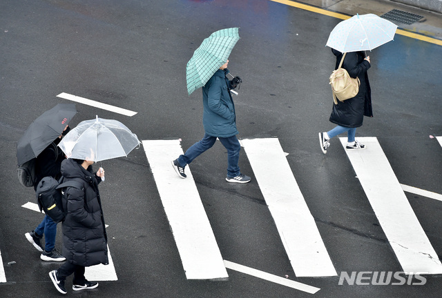 【대구=뉴시스】우종록 기자 = 비가 내리고 있는 31일 오전 대구 동구 신천동 동대구역 복합환승센터 앞 횡단보도에서 시민들이 우산을 쓰고 발걸음을 재촉하고 있다. 2019.01.31. wjr@newsis.com