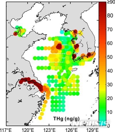 【서울=뉴시스】퇴적물내 수은농도 분포.2019.02.21(제공=KIOST)