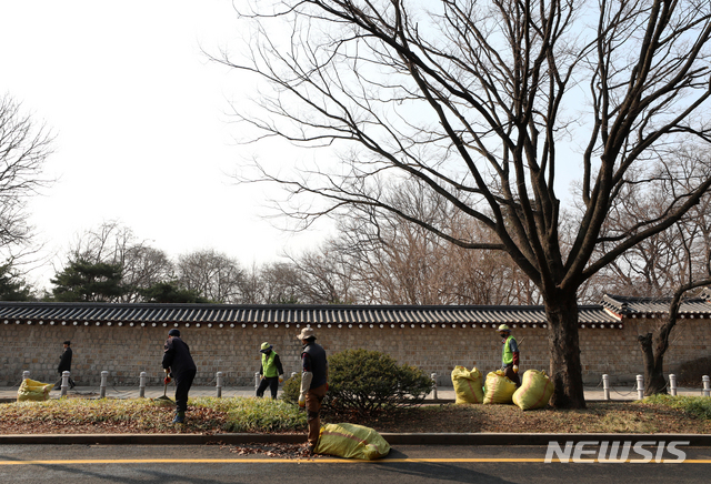 [서울=뉴시스] 서울 종로구 경복궁 인근 가로수 화단을 노동자들이 정리하고 있다. (사진=뉴시스 DB). photo@newsis.com