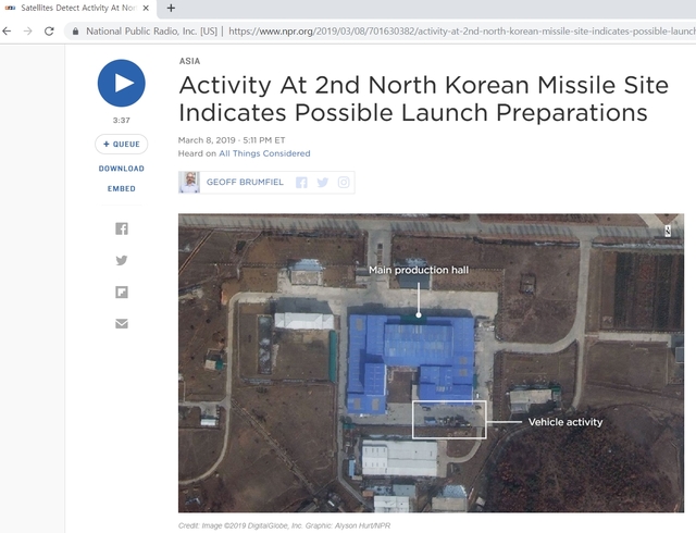 【서울=뉴시스】북한이 미사일 또는 로켓을 조만간 발사하기 위한 준비 중이라고 미 공영라디오 NPR이 8일(현지시간) 평양 산음동 위성사진을 인용해 보도했다. 사진은 보도된 위성사진 캡쳐. 2019.03.09. 
