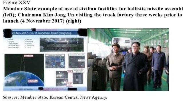 【서울=뉴시스】유엔 안보리 대북제재위원회 전문가 패널은 12일(현지시간)발표한 보고서에서 북한의 제재위반 행위가 여전히 일어나고 있다고 밝혔다. 사진은 2017년 11월 4일 김정은 국무위원장이 트럭공장을 방문했을 당시의 모습. 북한이 탄도미사일을 발사하기 3주전이다. 보고서는 북한이 탄도미사일 조립시설을 이 공장에 은닉한 것으로 추정했다.  <출처=유엔 안보리 대북제제위 보고서 캡처> 2019.03.12
