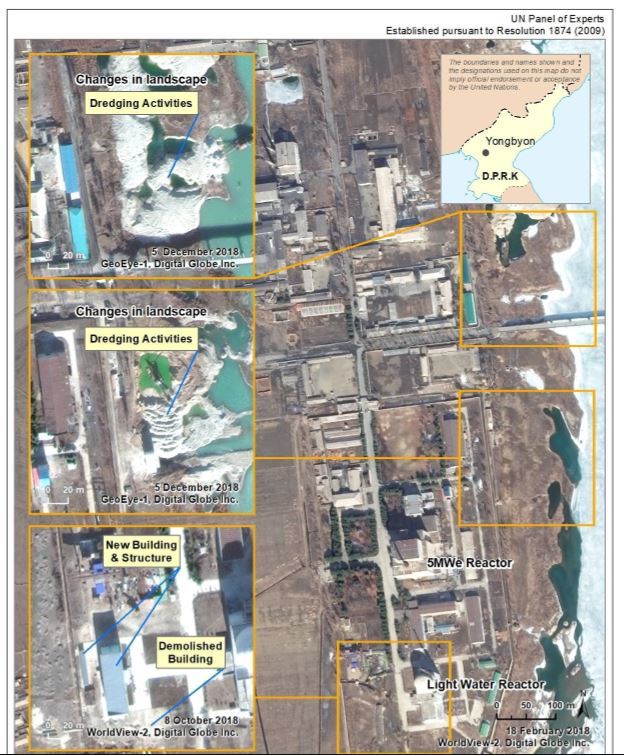 【서울=뉴시스】유엔 안보리 대북제재위원회 전문가 패널은 12일(현지시간)발표한 보고서에서 북한의 제재위반 행위가 여전히 일어나고 있다고 밝혔다. 사진은 영변 5MW 원자로의 활동을 포착한 것이다. 왼쪽 사진 맨 아래쪽에 새로운 건물이 들어서 있는 것이 보인다. 보고서는 영변 원자로가 지난 2018년 2월과 4월, 4월 중에는 며칠동안 운영을 멈췄다면서, 이는 시설 유지를 위한 활동으로 보인다고 밝혔다. 지난해 9월과 10월에도 약 2개월간 원자로 운영이 중단됐는데, 이 때 폐연료봉 인출이 이뤄졌을 수 있다고 지적했다. <출처=유엔 안보리 대북제제위 보고서 캡처> 2019.03.12 