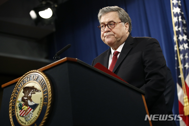 Attorney General William Barr speaks about the release of a redacted version of special counsel Robert Mueller&#039;s report during a news conference, Thursday, April 18, 2019, at the Department of Justice in Washington. (AP Photo/Patrick Semansky)