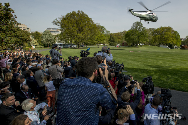 Marine One with President Donald Trump aboard, departs the South Lawn of the White House, Thursday, April 18, 2019, for a short trip to Andrews Air Force Base, Md. President Trump is traveling to his Mar-a-lago estate to spend the Easter weekend in Palm Beach, Fla. (AP Photo/Andrew Harnik)