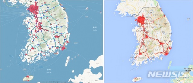 【서울=뉴시스】왼쪽부터 4월24일 기준 SK텔레콤과 KT의 5G 커버리지 맵. (그림/SK텔레콤, KT 커버리지맵 사이트 캡처) photo@newsis.com