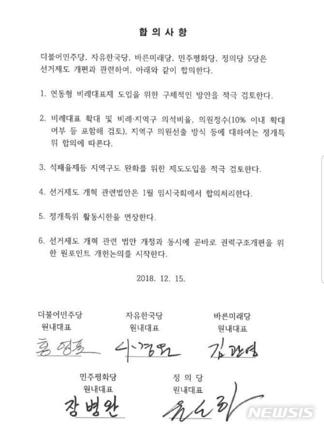  【서울=뉴시스】바른미래당 채이배 의원이 지난 4월 27일 페이스북에 올린 지난해 12월 5당 원내대표 합의문. 